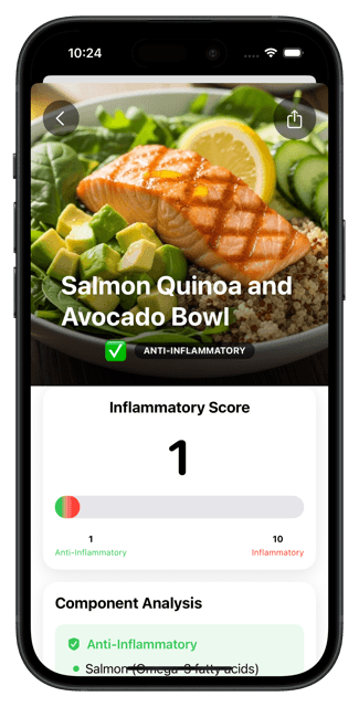 Flammy app showing food inflammation score analysis with AI-powered scanning
